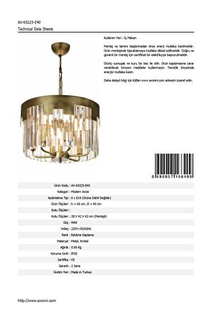 AVONNI AV-65225-E40 Eskitme Kaplama Klasik Avize E14 Metal Kristal 40cm