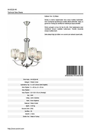 AVONNI AV-65226-4K Krom Kaplama Modern Avize E27 Metal Kristal 55cm