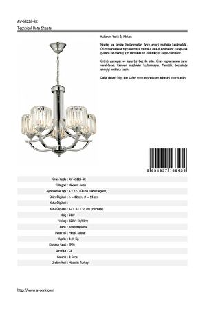 AVONNI AV-65226-5K Krom Kaplama Modern Avize E27 Metal Kristal 55cm