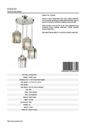 AVONNI AV-65230-4KT Krom Kaplama Modern Avize E27 Metal Kristal 40cm