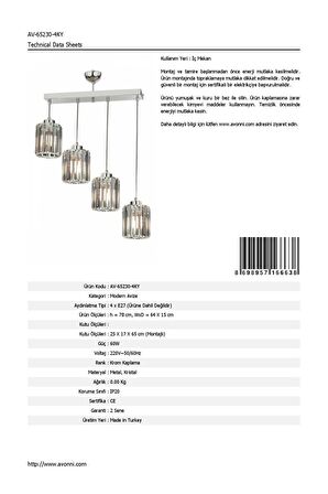 AVONNI AV-65230-4KY Krom Kaplama Modern Avize E27 Metal Kristal 64x15cm