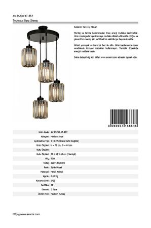 AVONNI AV-65230-4T-BSY Siyah Boyalı Modern Avize E27 Metal Kristal 40cm