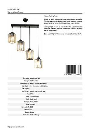 AVONNI AV-65230-4Y-BSY Siyah Boyalı Modern Avize E27 Metal Kristal 64x15cm