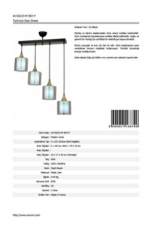 AVONNI AV-65233-4Y-BSY-F Siyah Boyalı Modern Avize E27 Metal Cam 70x14cm