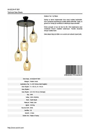 AVONNI AV-65234-4T-BSY Siyah Boyalı Modern Avize E27 Metal Cam 40cm