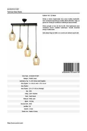 AVONNI AV-65234-4Y-BSY Siyah Boyalı Modern Avize E27 Metal Cam 70x10cm