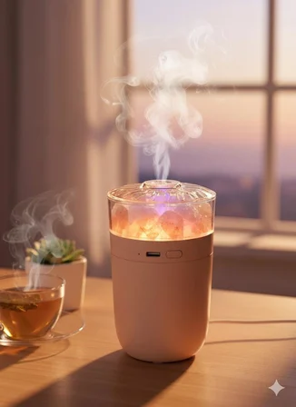 Ferro WT-007 Crystal Salt: Kristal Tuz Lambalı, 1200 mah Bataryalı, Kablosuz Renkli Işıklı Hava Nemlendirici Pembe