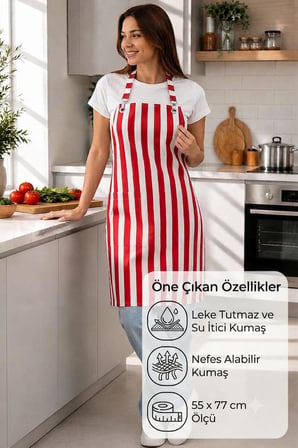 Royam Çizgili Mutfak Önlüğü Su İtici Leke Tutmaz Kumaş Solmaz Cepli