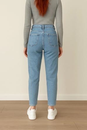 Kadın Likralı Mom Mavi Kar Yıkama Jean Kot Pantolon-3