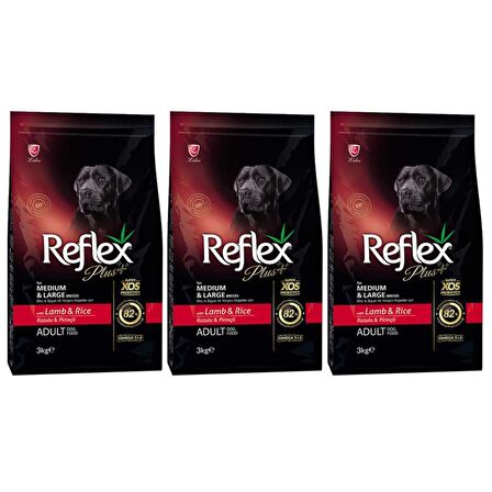 Reflex Plus Plus Kuzu Etli-Pirinçli Orta - Büyük Irk Yetişkin Kuru Köpek Maması 3x3 kg