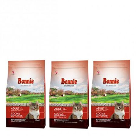 Bonnie Renkli Taneli Dana Etli Yetişkin Kedi Maması 1,5 Kg x 3