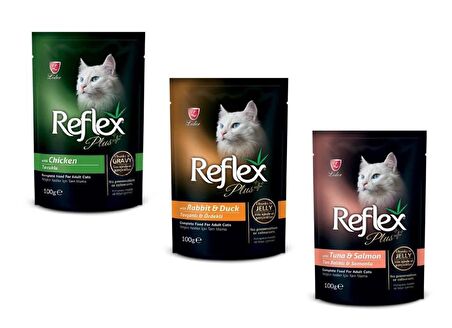 Reflex Plus Pouch Tavuklu Soslu ve Tavşan-Ördekli Balıklı-Somonlu Joleli Kedi Yaş Mama Karışık Paket 100 Gr (3 ADET)