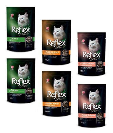 Reflex Plus Pouch Tavuklu Soslu ve Tavşan-Ördekli Balıklı-Somonlu Joleli Kedi Yaş Mama Karışık Paket 100 Gr (6 ADET)