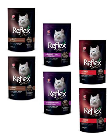 Reflex Plus Pouch Biftekli-Kuzu Soslu ve Kuzu-Ciğer Joleli Kedi Yaş Mama Karışık Paket 100 Gr (6 ADET)