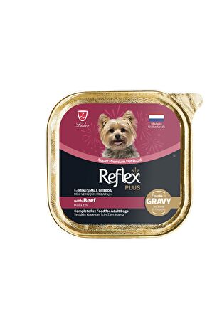 Plus Alu Tray 85 gr Biftekli Sos içinde Et Parçacıklı Küçük ırk köpek için Yaş mama