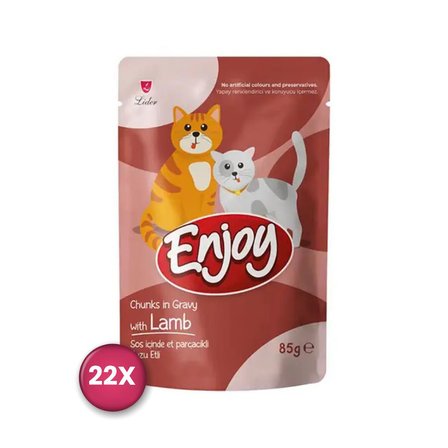 Enjoy Pouch Sos İçinde Et Parçacıklı Kuzu Etli Yetişkin Kedi Konservesi 85 Gr x 22 Adet