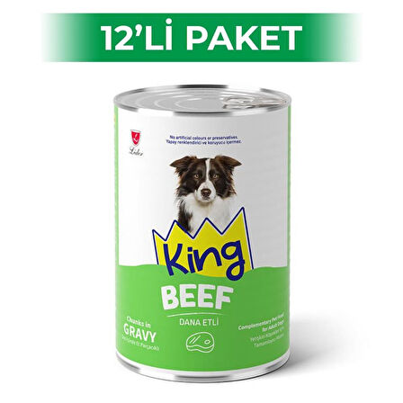 King Sos İçerisinde Et Parçacıklı Dana Etli Köpek Konservesi 400 gr 12 Adet