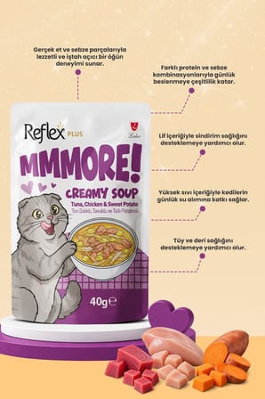 Reflex Plus Mmore Ton Balıklı Tavuklu ve Tatlı Patatesli Kremalı Kedi Çorbası 40 Gr*6lı SET