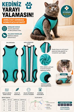 Kedi Ameliyat Sonrası Kıyafeti Cırtlı Koruyucu Tulum Yara Koruma ve İyileşme Destekleyici