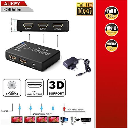 DAYTONA AUKEY HA-H02 4'LÜ HDMI ÇOKLAYICI,FHD 4K/3D