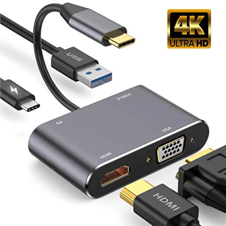 Daytona FC02 Macbook Uyumlu Type-C™ To 4K Ultra Hd 1080p Hdmı/ Vga/ Pd Şarj/ USB 3.0 4IN1 Çevirici Hub Adaptör
