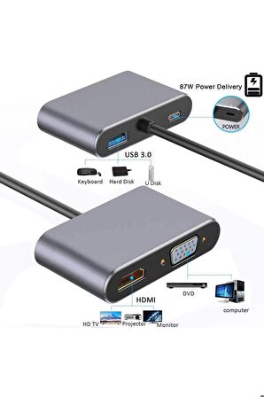 Daytona FC02 Macbook Uyumlu Type-C™ To 4K Ultra Hd 1080p Hdmı/ Vga/ Pd Şarj/ USB 3.0 4IN1 Çevirici Hub Adaptör