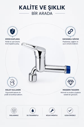 Krom Musluk Duvar Tipi Lavabo Bataryası Modern Banyo ve WC Armatürü