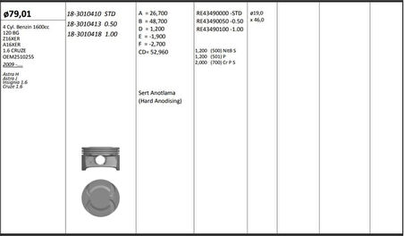 Opel Motor Piston+segmanı ( Riken )  79,01+stdmm Cap Astra H Astra J İnsignia 1.6 Cruze 1.6 Z16xer-A16xer - Kingpiston 18-3010410