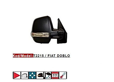 Fiat Dis Dikiz Aynası Cift Camlı Elektrikli Desenli Kapak Rezistanslı Otomatık Katlanır Sag Doblo III Car - Tursan T2215