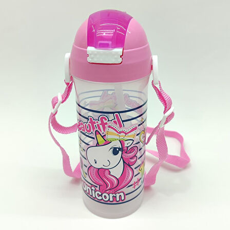 Beautiful Unicorn Temalı Pipetli Askılı Suluk Matara 610 Ml.