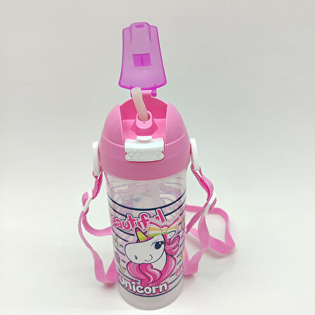 Beautiful Unicorn Temalı Pipetli Askılı Suluk Matara 610 Ml.