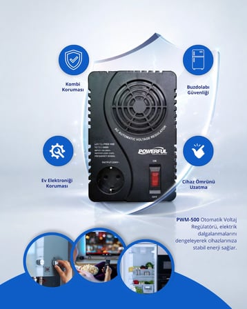 Powerful PWM-500 500VA 250W Kombi, Buzdolabı Otomatik Voltaj Regülatörü