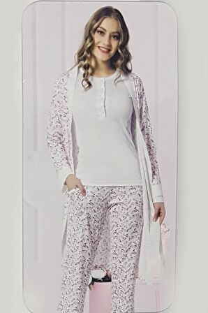 Aydoğan Homewear Kadın Baskılı 3lü Sabahlıklı Cepli Kadın Kabartma Baskı Biye Detaylı Pijama Takımı-6776