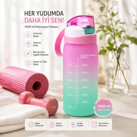 Herevin 161646-161 Su Şişesi - Motivasyon Su Matarası - Plastik Renkli Suluk Pembe 1lt