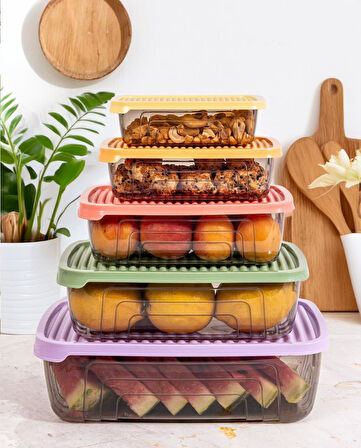Herevin Beşli Dikdörtgen Gıda Erzak Saklama Kabı Seti - Renkli (Mikrodalga ve Dondurucuya uygundur)