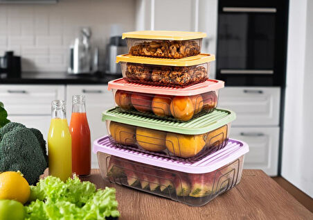 Herevin Beşli Dikdörtgen Gıda Erzak Saklama Kabı Seti - Renkli (Mikrodalga ve Dondurucuya uygundur)