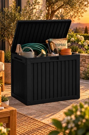Porsima 161001-010 130LT Kilitli Organizer Kapaklı Bahçe Balkon Kiler Sandığı Çok Amaçlı Depolama Sandığı Siyah