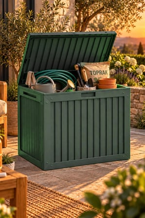 Porsima 161001-005 130LT Kilitli Organizer Kapaklı Bahçe Balkon Kiler Sandığı Çok Amaçlı Depolama Sandığı Yeşil