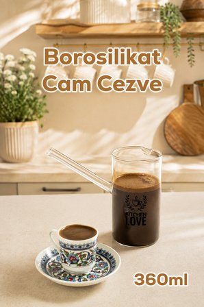 Herevin 180402-002 Desenli Borosilikat Cam Cezve Isıya Dayanıklı Şeffaf Türk Kahve Cezvesi 360 ml