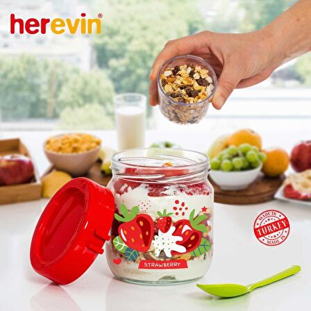 425 cc Çilek Desenli Cam Müsli Kabı