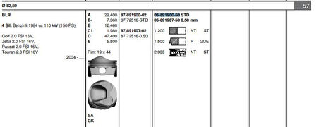 Vag Motor Segmanı Takım (1 Pistonluk) / (82,50mm Std) Golf V Jetta III Beetle Passat Touran A3 A4 A6 A8 - Goetze 68919005g