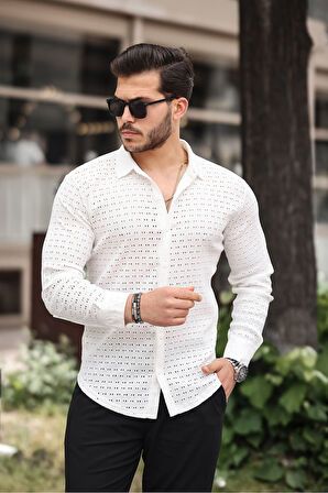 Erkek Uzun Kol Delikli Desen Örme Kumaş Regular Kalıp Kalıp Yeni Sezon Gömlek