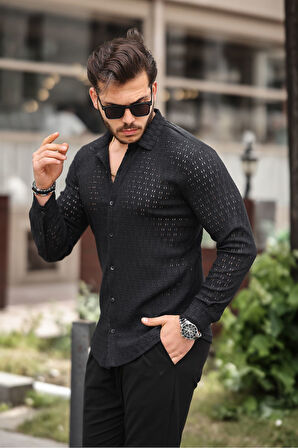 Erkek Uzun Kol Delikli Desen Örme Kumaş Regular Kalıp Kalıp Yeni Sezon Gömlek