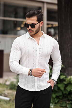 Erkek Uzun Kol Çapraz Delikli Özel Tasarım Desen Örme Kumaş Regular Kalıp Gömlek