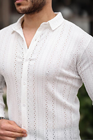 Erkek Uzun Kol Çapraz Delikli Özel Tasarım Desen Örme Kumaş Regular Kalıp Gömlek