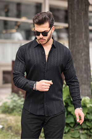 Erkek Uzun Kol Çapraz Delikli Özel Tasarım Desen Örme Kumaş Regular Kalıp Gömlek