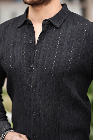 Erkek Uzun Kol Çapraz Delikli Özel Tasarım Desen Örme Kumaş Regular Kalıp Gömlek