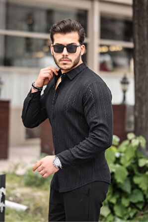 Erkek Uzun Kol Çapraz Delikli Özel Tasarım Desen Örme Kumaş Regular Kalıp Gömlek