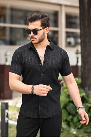 Erkek Kısa Kol Çapraz Delikli Özel Tasarım Örme Regular Kalıp Gömlek