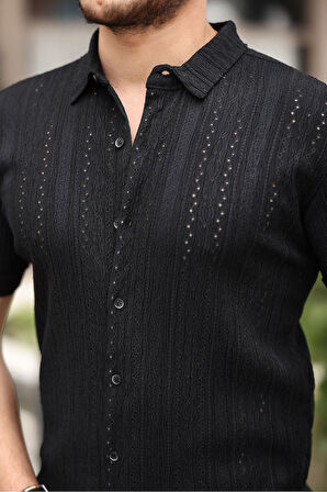 Erkek Kısa Kol Çapraz Delikli Özel Tasarım Örme Regular Kalıp Gömlek